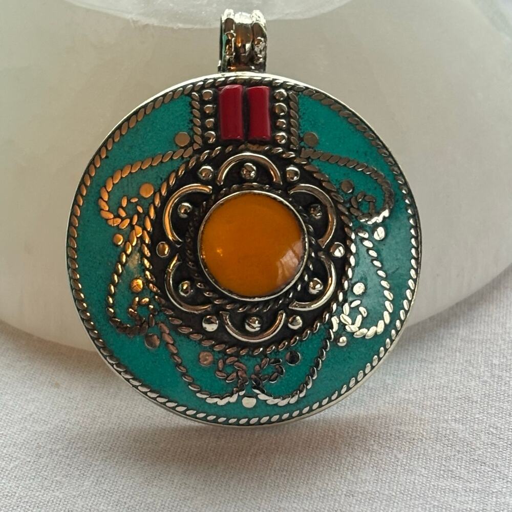 925 Silver Tibetan Turquoise & Red & Yellow Coral Pendant